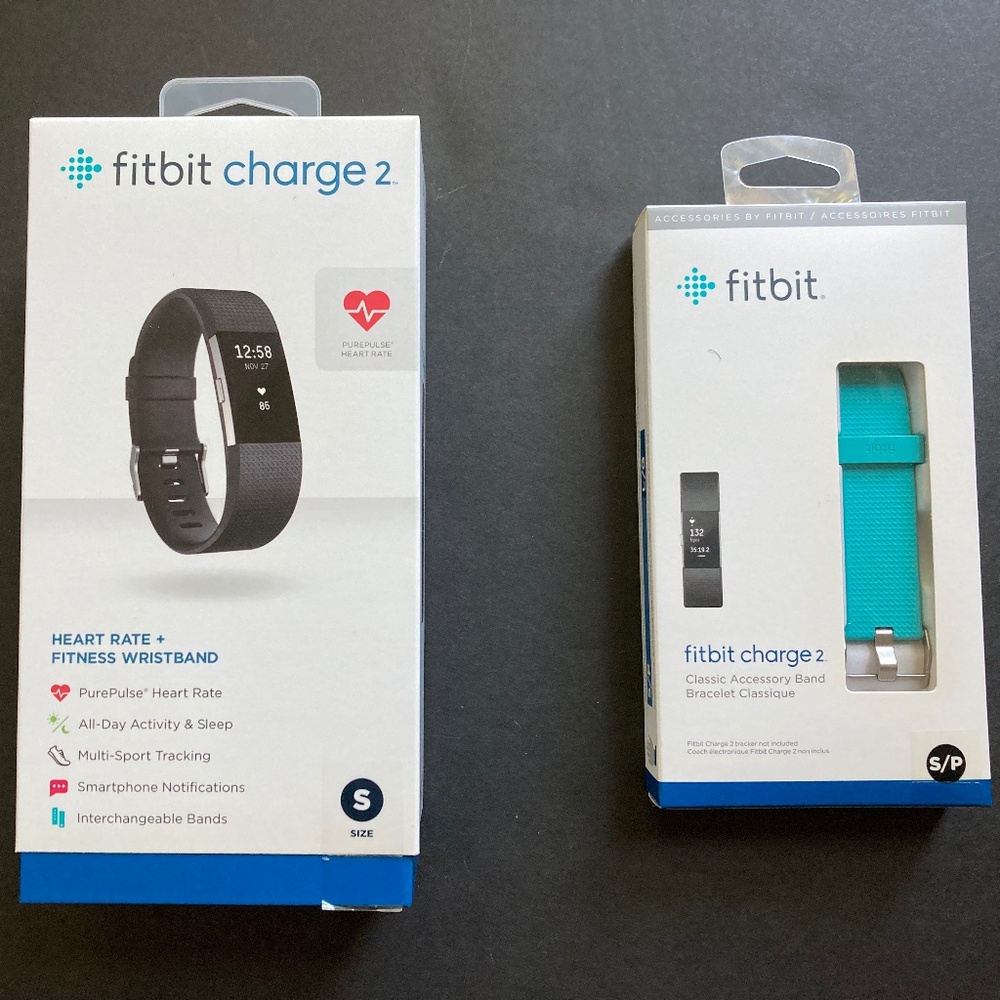 Fitbit Charge 2 Heart Rate & Fitness Wristband/Black Small/Extra Blue Band/EUC!!